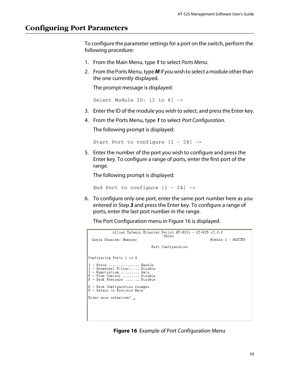 Configuring port parameters | Allied Telesis AT-S25 User Manual | Page 59 / 277