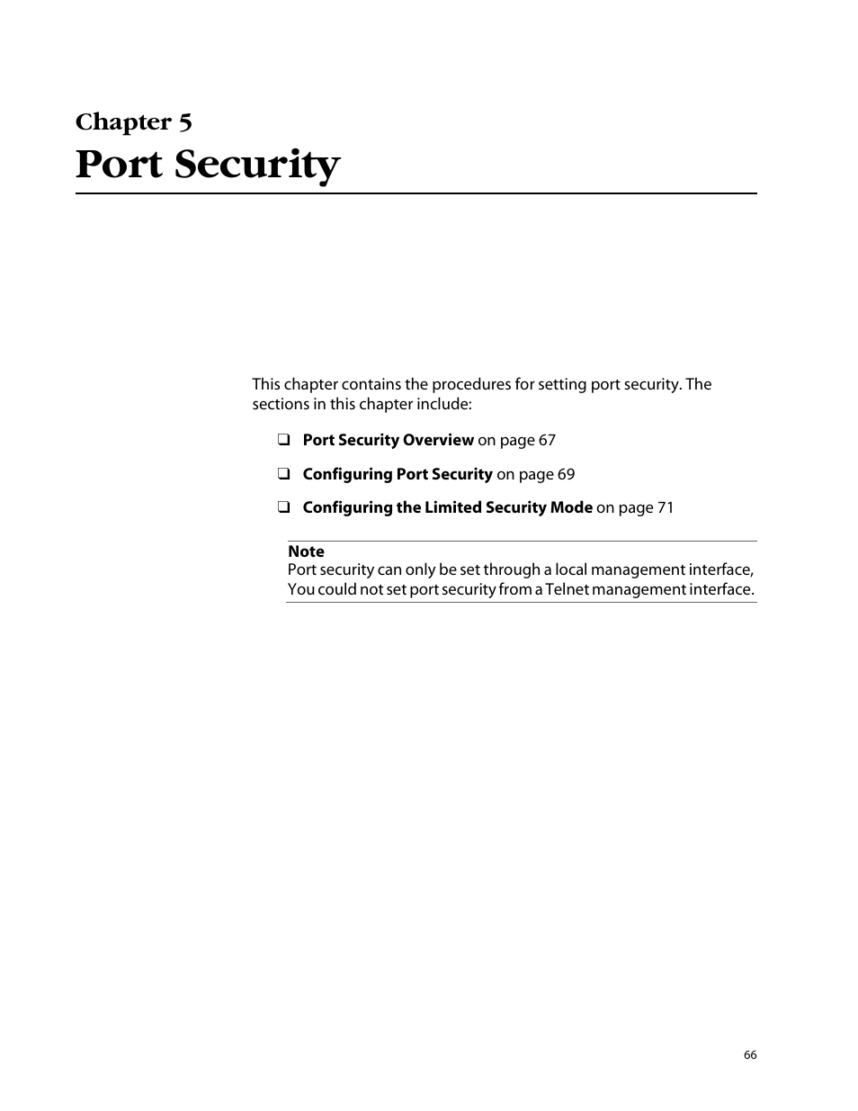 Chapter 5, Port security, Chapter 5 port security | Allied Telesis AT-S25 User Manual | Page 66 / 277