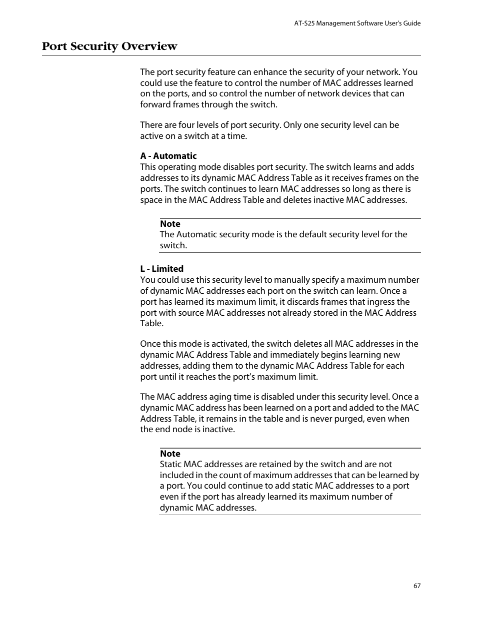 Port security overview | Allied Telesis AT-S25 User Manual | Page 67 / 277