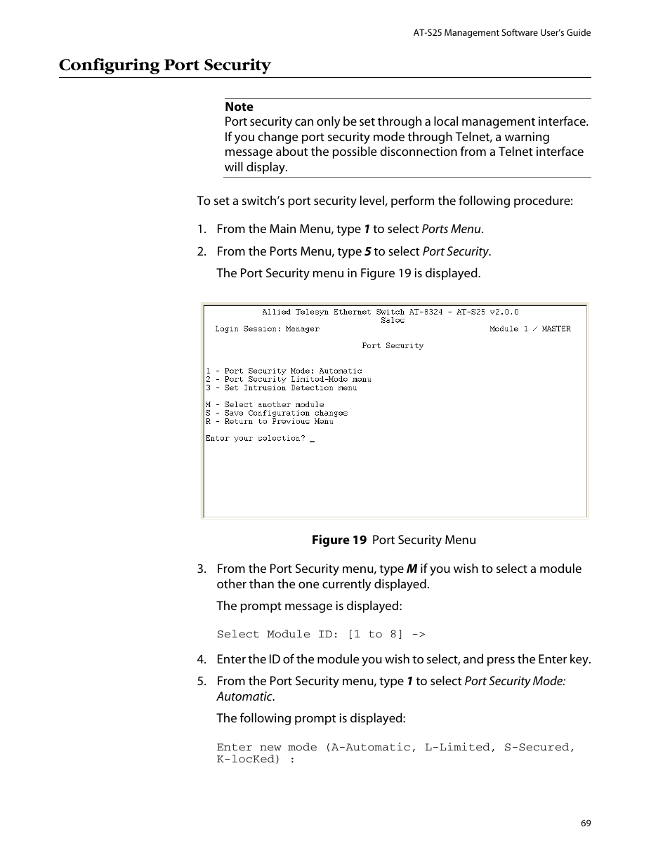 Configuring port security | Allied Telesis AT-S25 User Manual | Page 69 / 277