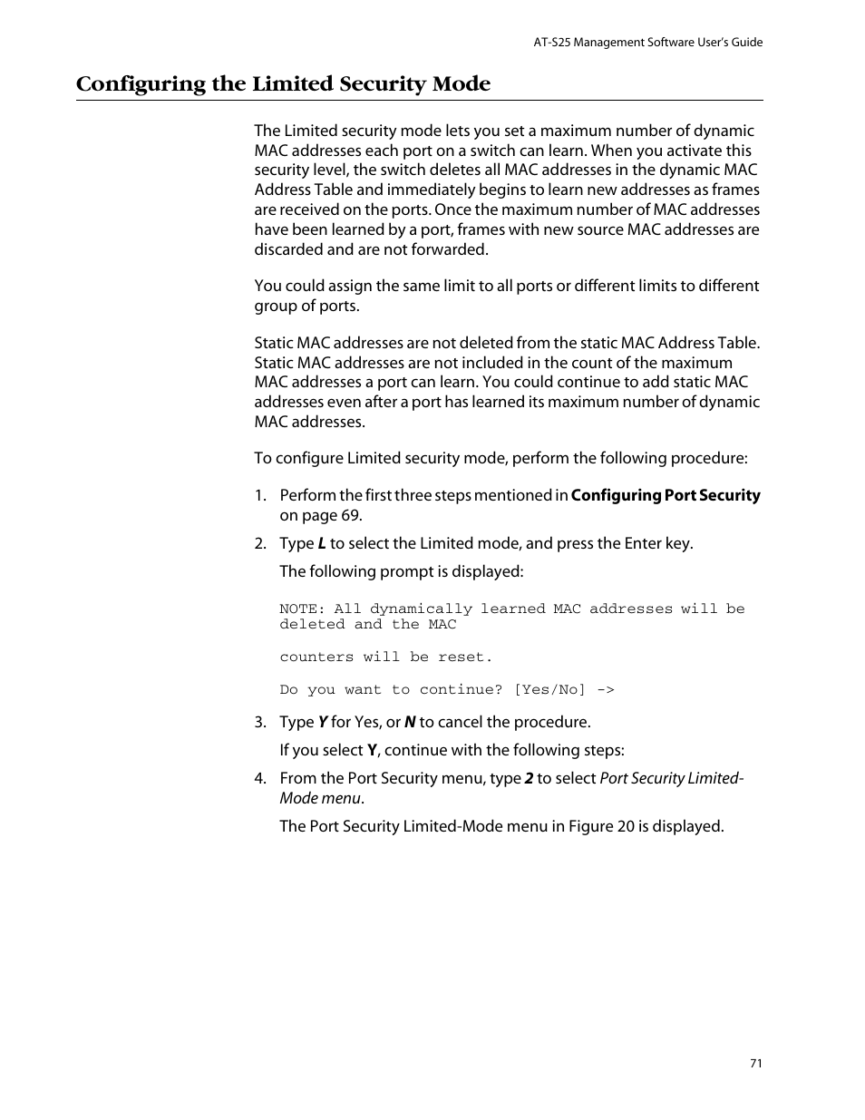 Configuring the limited security mode | Allied Telesis AT-S25 User Manual | Page 71 / 277