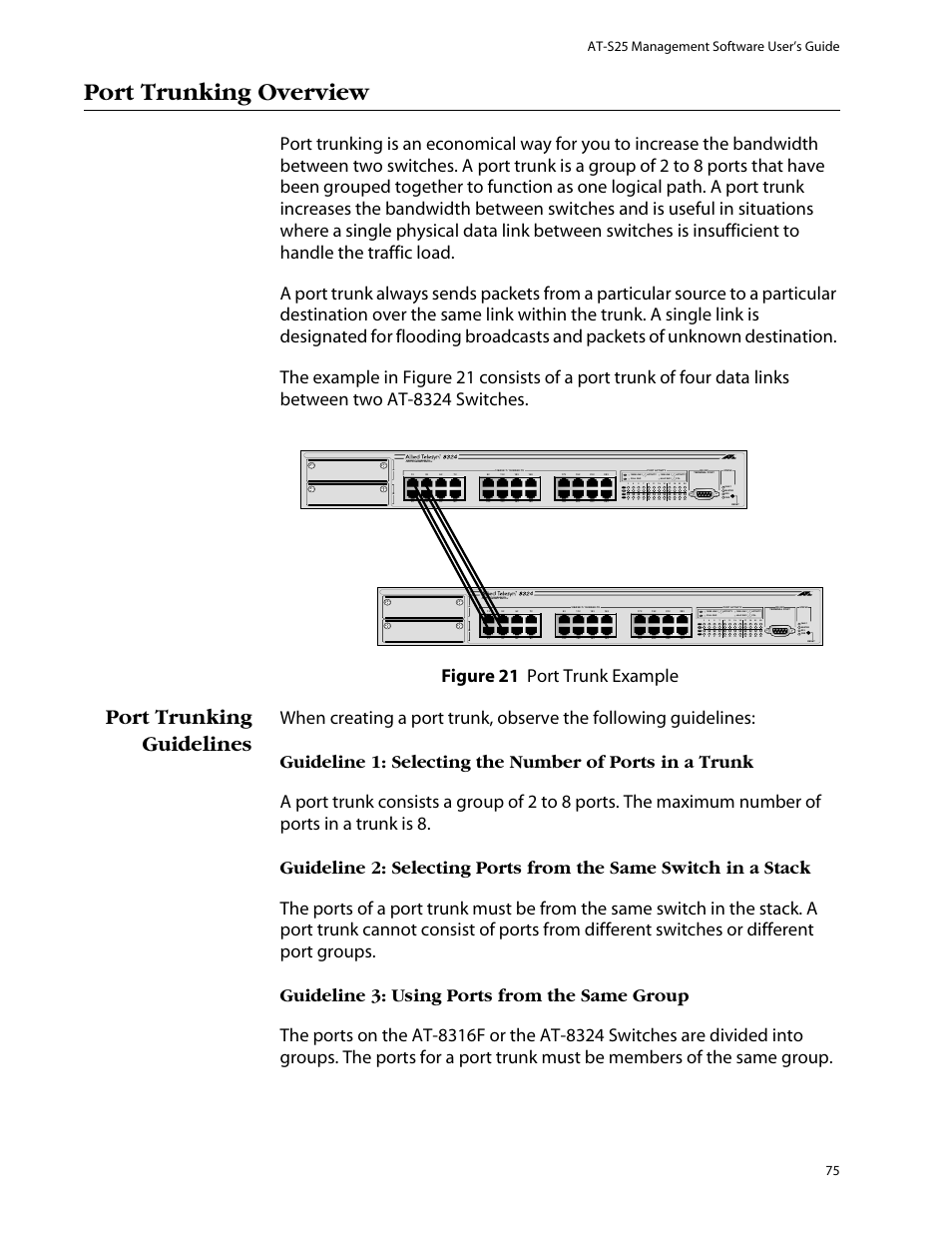 Port trunking overview, Port trunking guidelines, At-s25 management software user’s guide 75 | L /a, L /a d/c d/c l /a d/c | Allied Telesis AT-S25 User Manual | Page 75 / 277