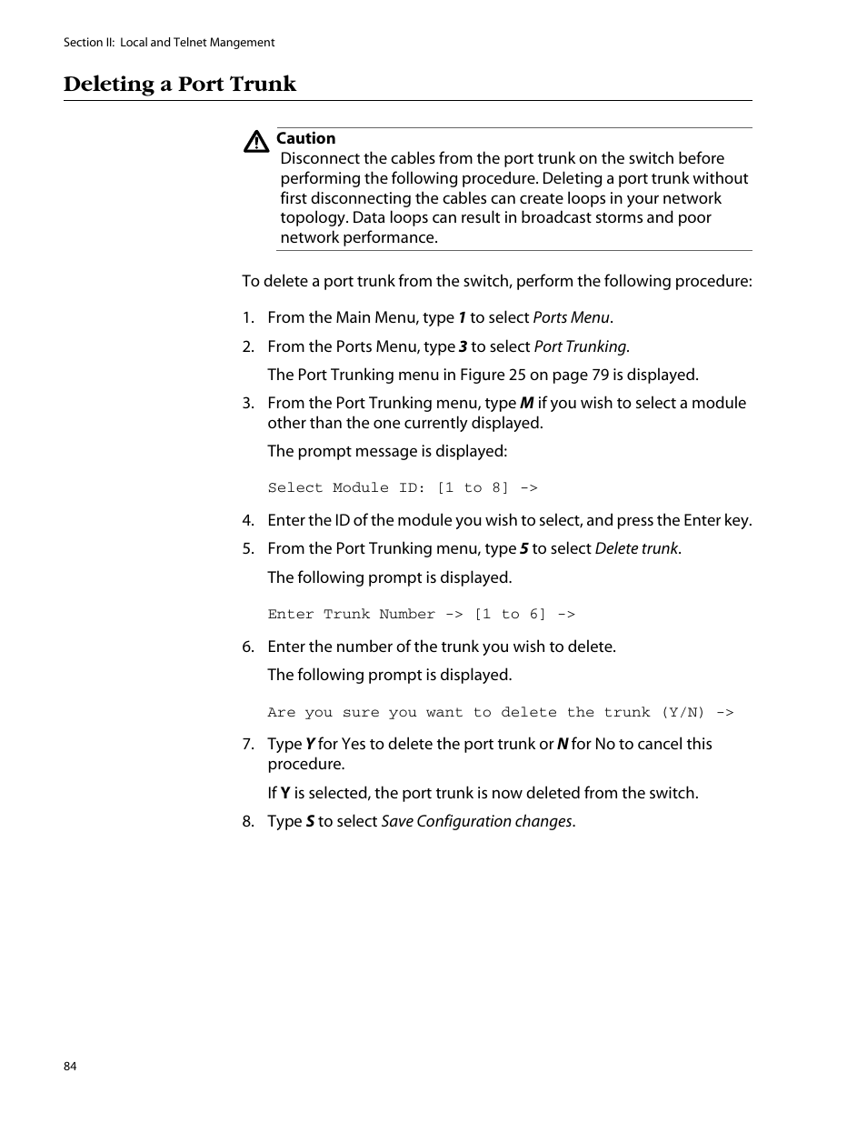 Deleting a port trunk | Allied Telesis AT-S25 User Manual | Page 84 / 277