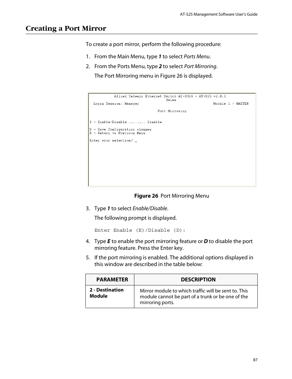 Creating a port mirror | Allied Telesis AT-S25 User Manual | Page 87 / 277