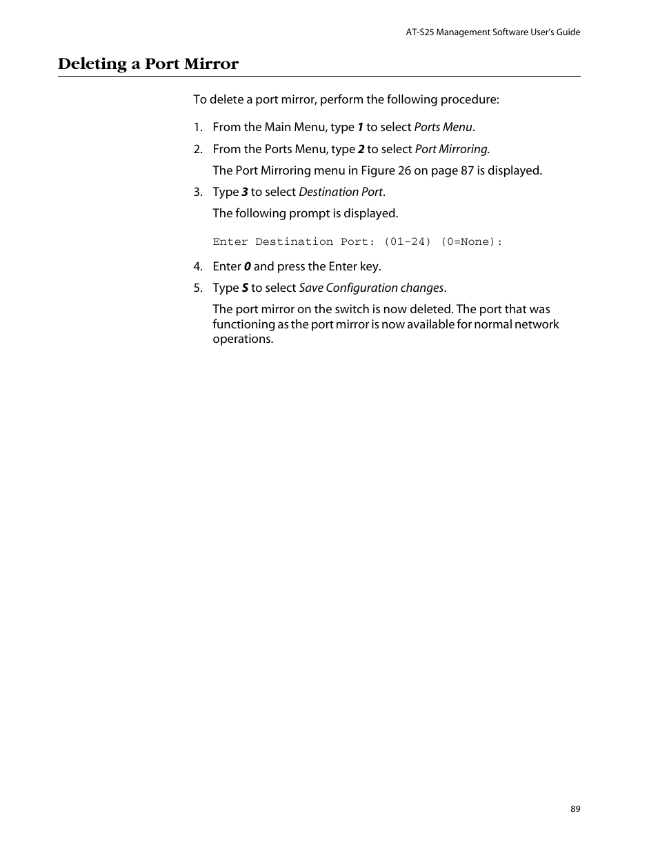 Deleting a port mirror | Allied Telesis AT-S25 User Manual | Page 89 / 277