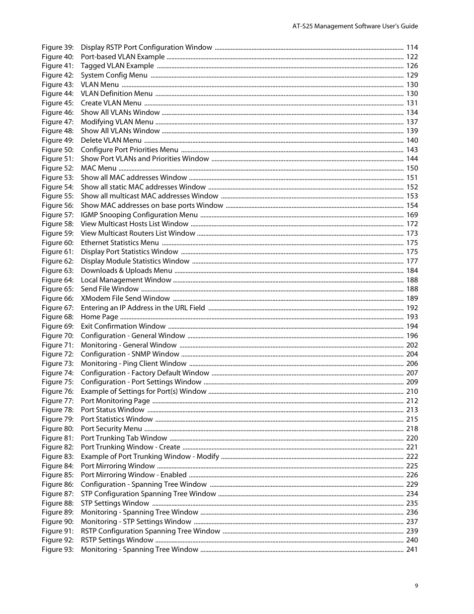 Figure 40: port-based vlan example 122, Figure 41: tagged vlan example 126, Figure 42: system config menu 129 | Figure 43: vlan menu 130, Figure 44: vlan definition menu 130, Figure 45: create vlan menu 131, Figure 46: show all vlans window 134, Figure 47: modifying vlan menu 137, Figure 48: show all vlans window 139, Figure 49: delete vlan menu 140 | Allied Telesis AT-S25 User Manual | Page 9 / 277