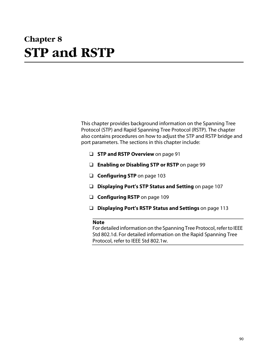 Chapter 8, Stp and rstp, Chapter 8 stp and rstp | Allied Telesis AT-S25 User Manual | Page 90 / 277