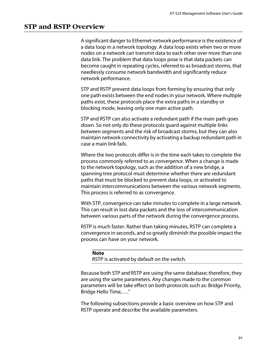 Stp and rstp overview | Allied Telesis AT-S25 User Manual | Page 91 / 277