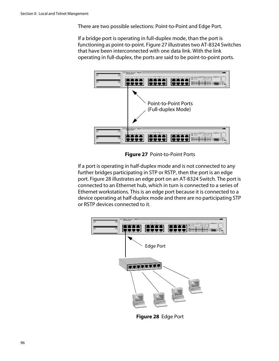 Point-to-point ports (full-duplex mode), Edge port, L /a | L /a d/c d/c l /a d/c | Allied Telesis AT-S25 User Manual | Page 96 / 277