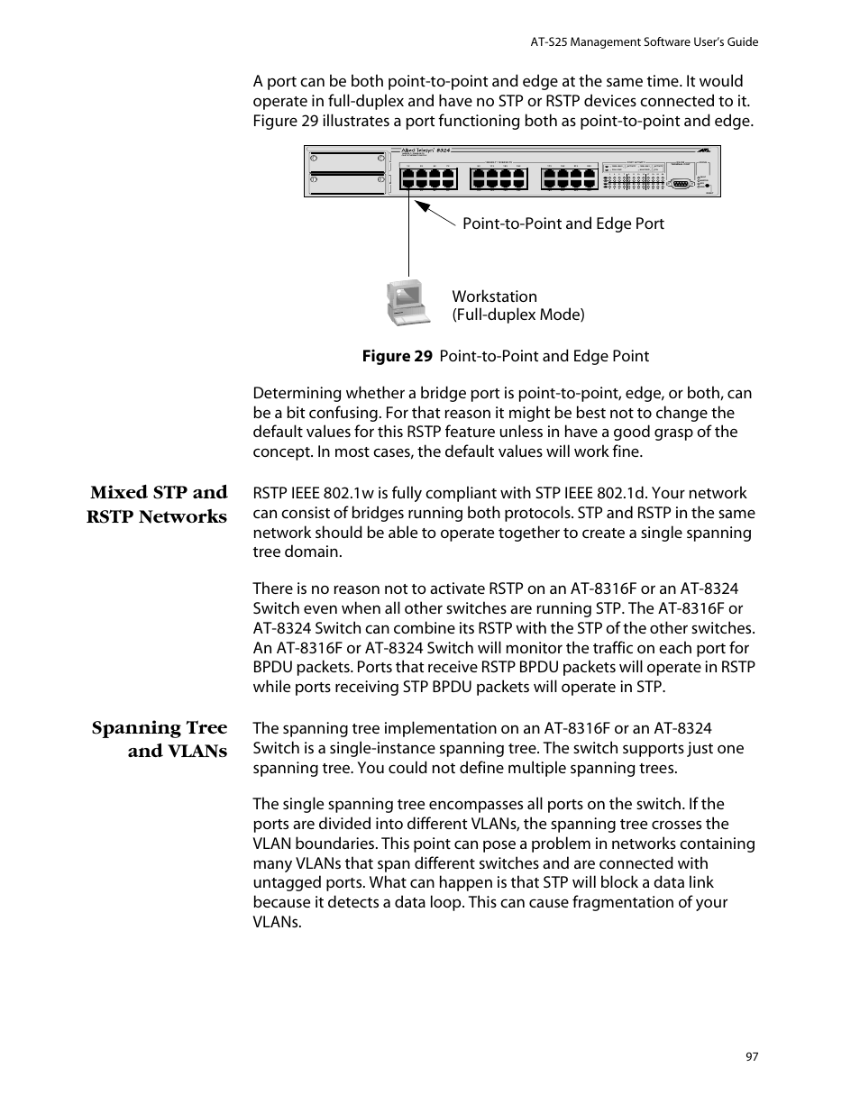 Mixed stp and rstp networks, Spanning tree and vlans, At-s25 management software user’s guide 97 | L /a, L /a d/c d/c l /a d/c | Allied Telesis AT-S25 User Manual | Page 97 / 277