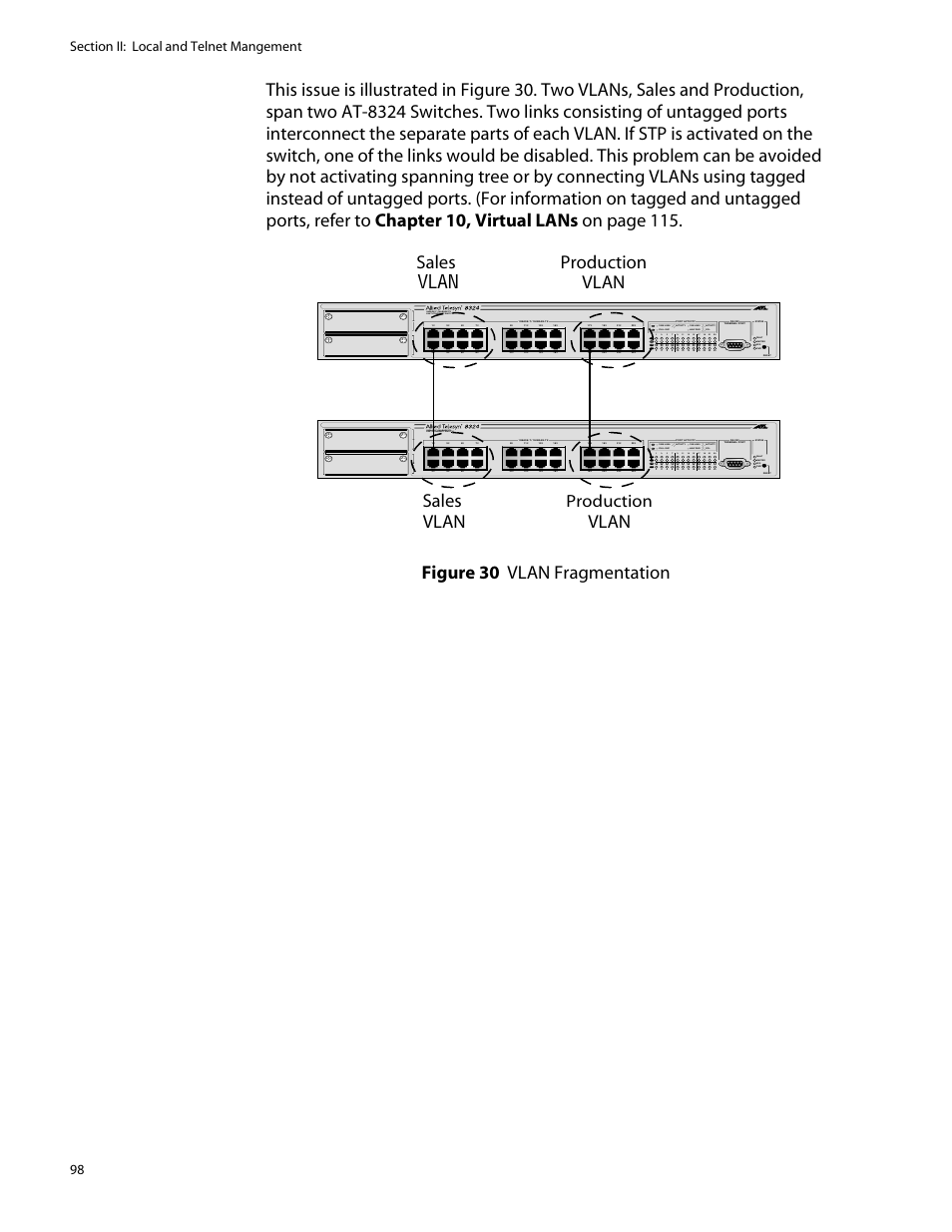 Sales vlan production vlan, Vlan sales vlan, Production | L /a, L /a d/c d/c l /a d/c | Allied Telesis AT-S25 User Manual | Page 98 / 277