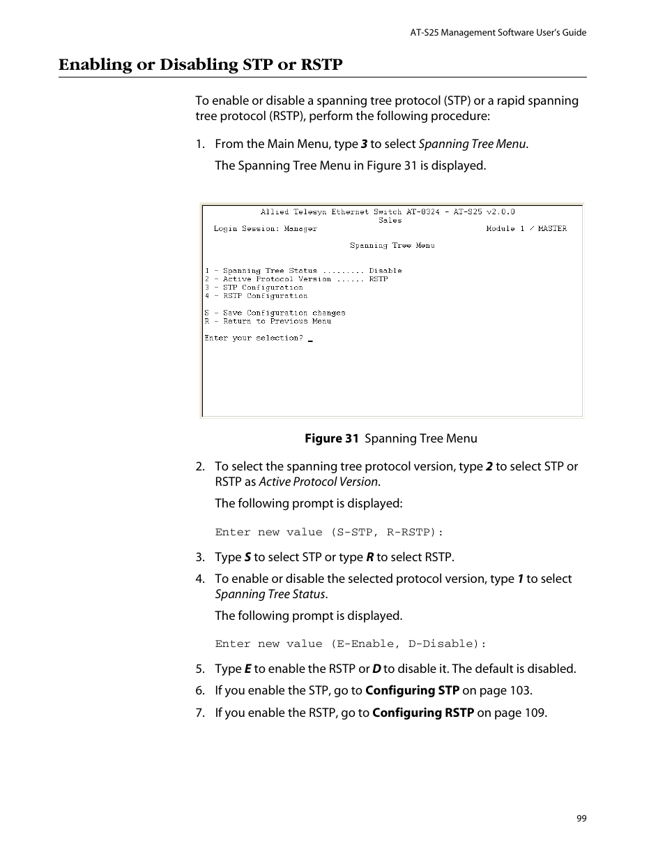 Enabling or disabling stp or rstp | Allied Telesis AT-S25 User Manual | Page 99 / 277