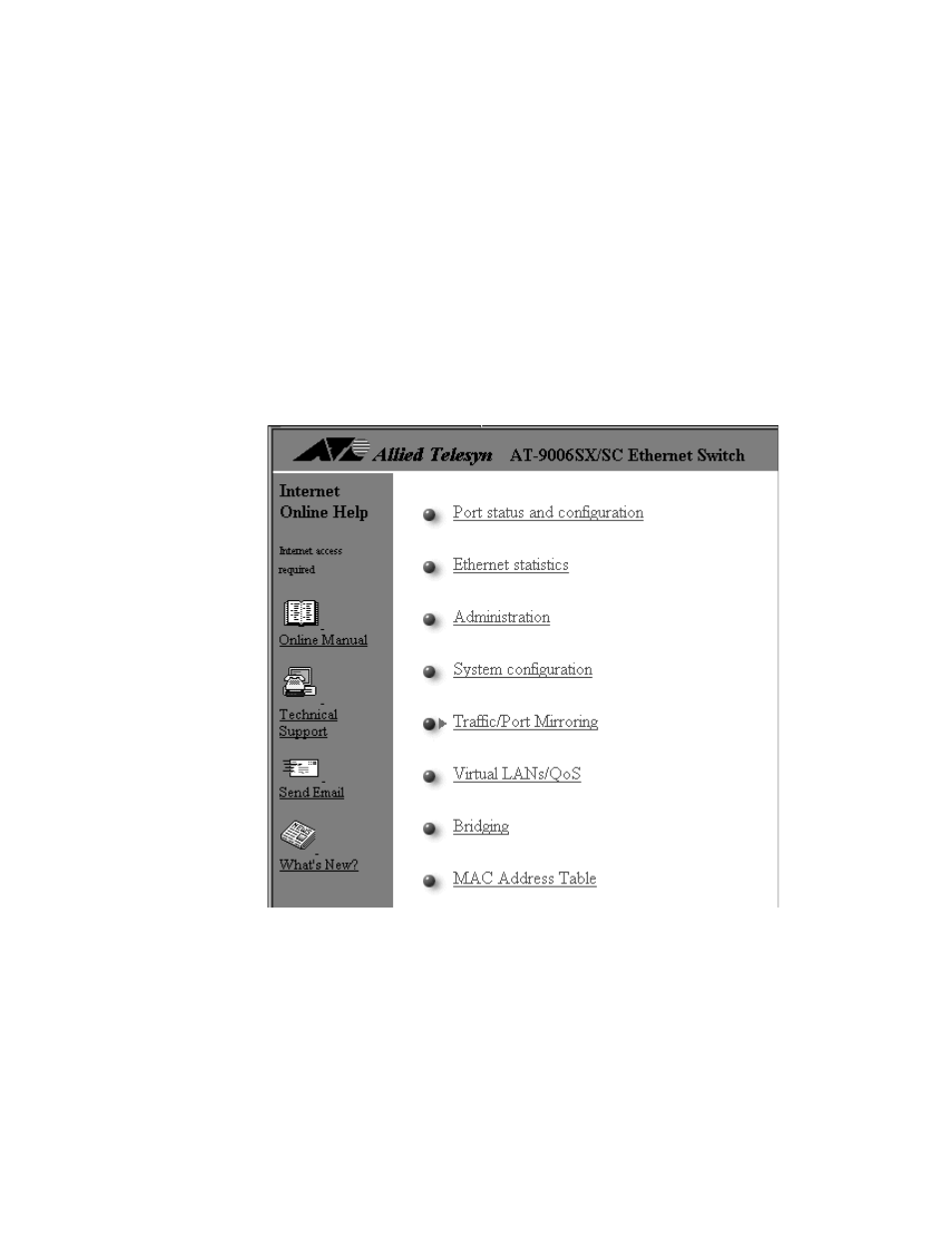 Managed switch, Omega main menu window, Figure 4: omega main menu from a web browser | Allied Telesis AT-S26 User Manual | Page 30 / 156