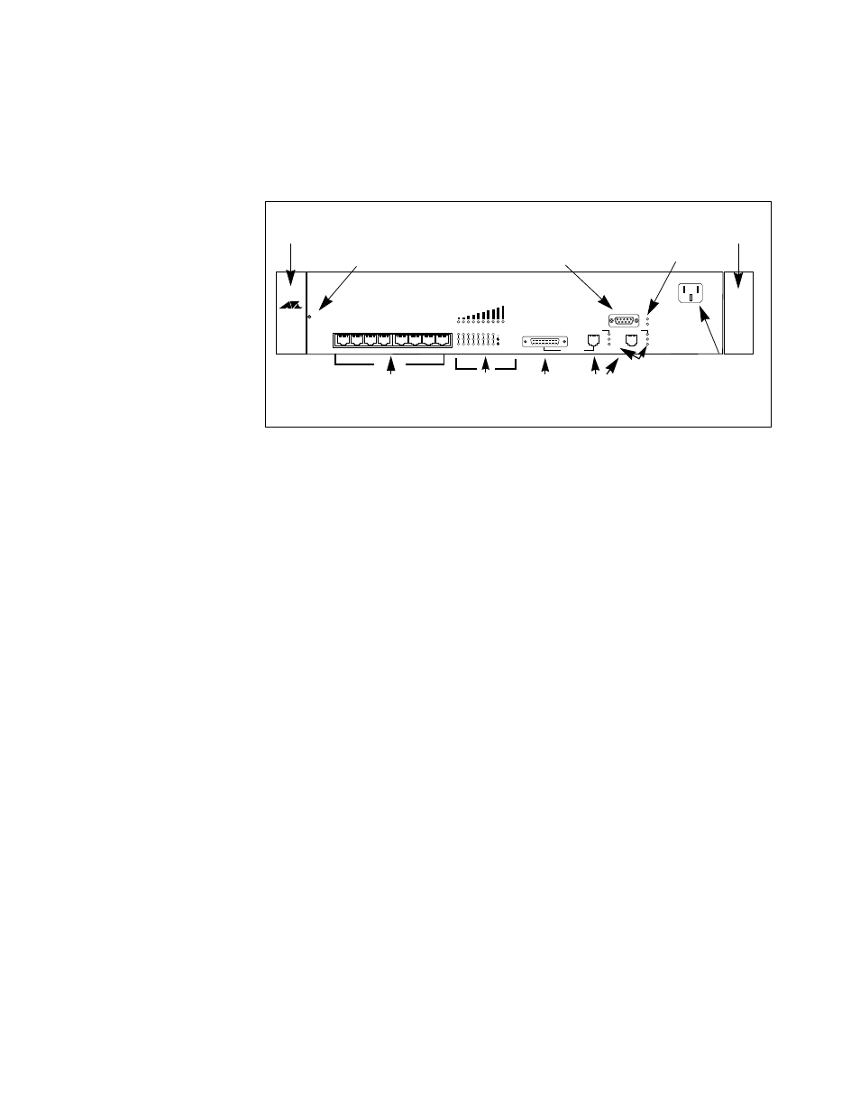 Front panel, Handle, Power reset button | 10base-t ports, Port activity leds, Mii port, 100base-tx ports, Rs232c network management port, Status leds, Green - receive | Allied Telesis AT-TS90TR User Manual | Page 15 / 49