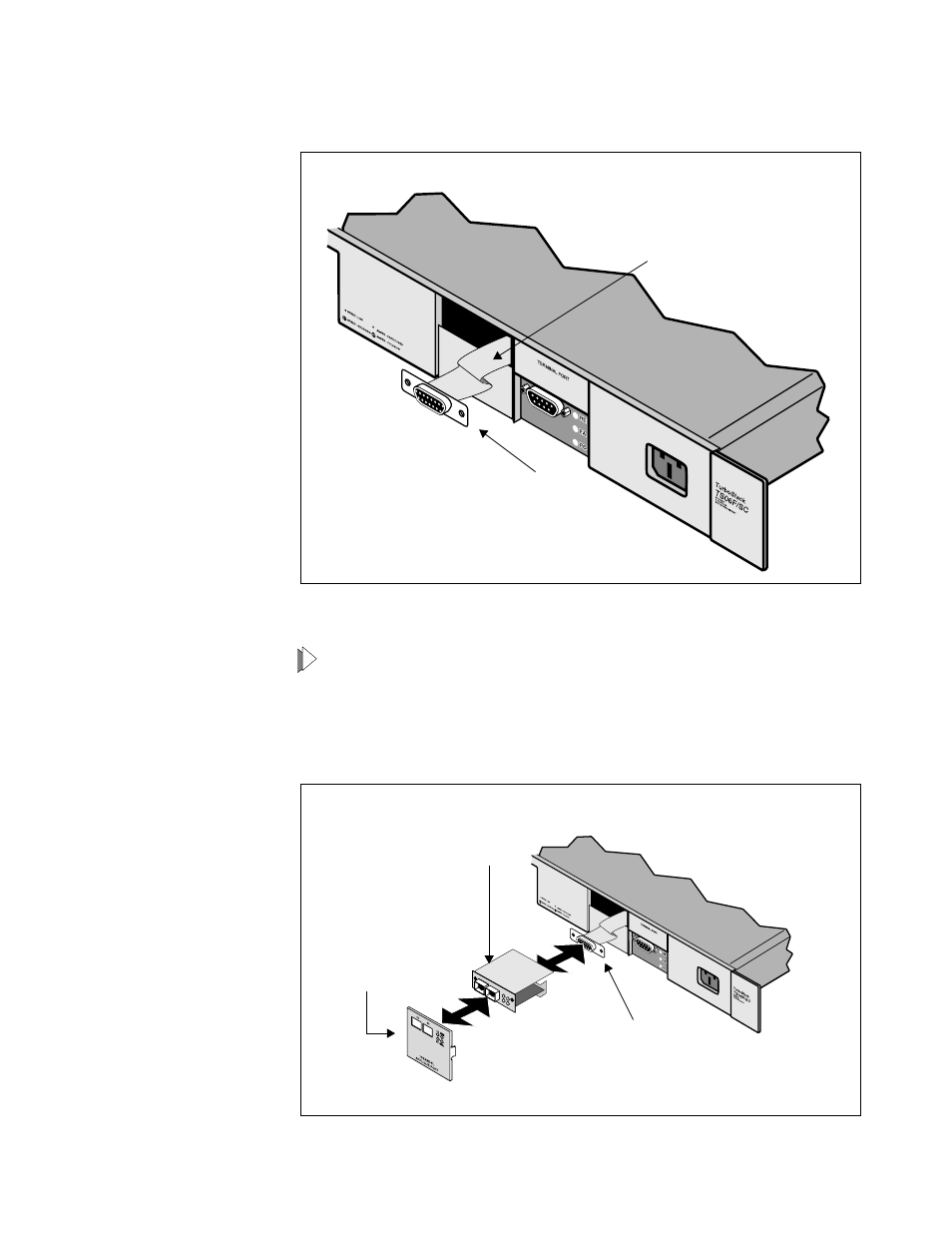 Separate the aui appliqué connector plate (show, Store the detached aui appliqué plate, slide ki, To install a 10base2, 10base-t or fiber optic (10b | Remove the aui appliqué (as described above), Plug the replacement 10base2, 10base-t, or 10ba | Allied Telesis AT-TS24TR User Manual | Page 38 / 95