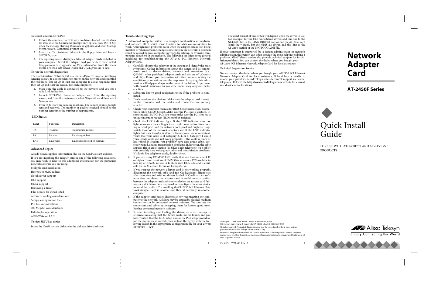 Network adapter card, At-2450f series, Quick install guide | Led status, Advanced topics, To view setup24 topics, Troubleshooting tips, Technical support or service | Allied Telesis AT-2450F Series User Manual | Page 2 / 2