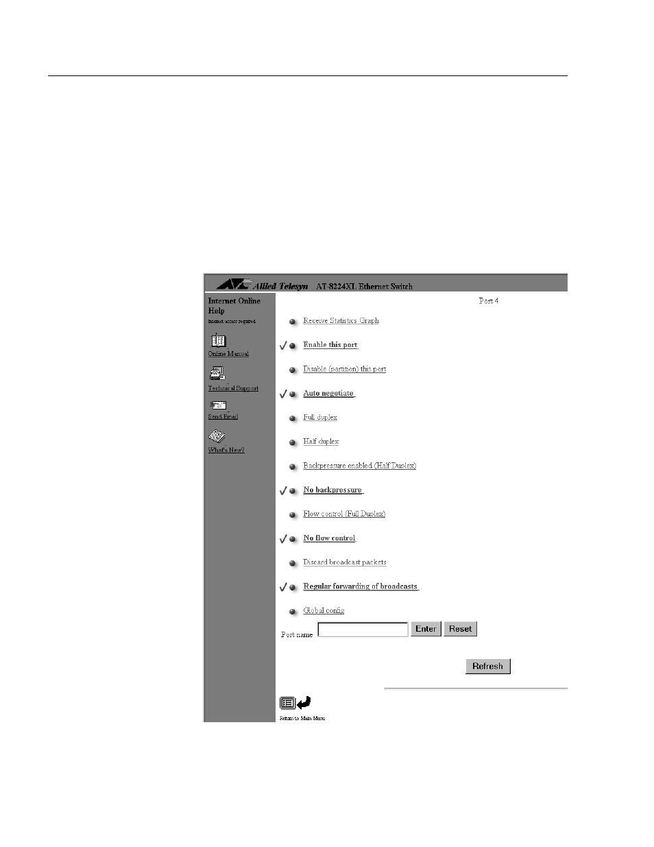 Configuring port parameters, Figure 26: port configuration window | Allied Telesis AT-S24 User Manual | Page 68 / 164