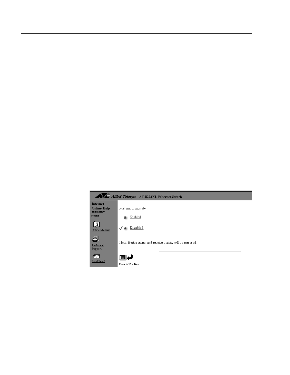 Configuring port mirroring, Enabling port mirroring, Figure 33: port mirroring window | Allied Telesis AT-S24 User Manual | Page 78 / 164