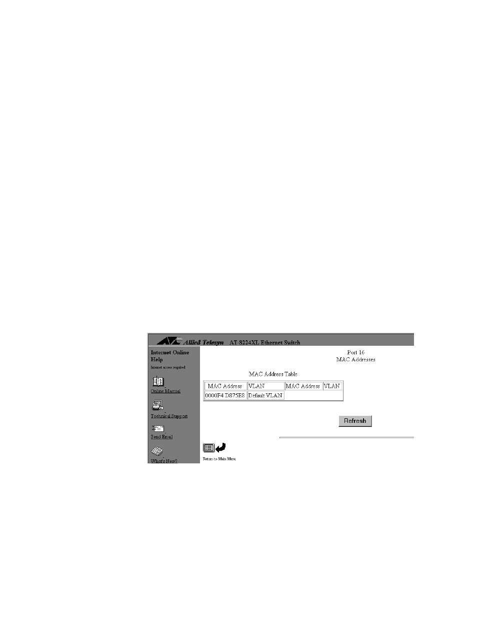 Displaying the mac addresses of a port, Figure 40: mac address table per port window | Allied Telesis AT-S24 User Manual | Page 88 / 164
