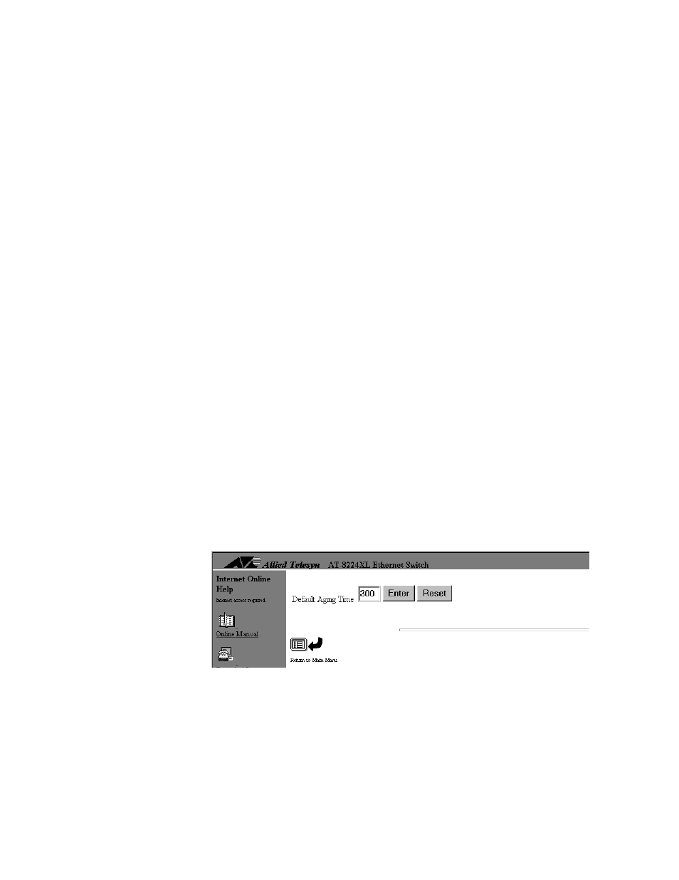 Clearing all dynamic mac addresses, Changing the aging time of the mac address table, Clearing all dynamic mac addresse | Changing the aging time of the mac address tab, Figure 43: default aging time prompt | Allied Telesis AT-S24 User Manual | Page 90 / 164