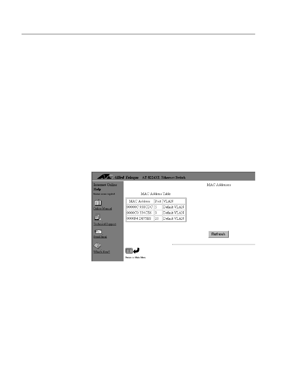 Static mac address table, Displaying the static mac address table, Figure 44: static mac address table window | Allied Telesis AT-S24 User Manual | Page 92 / 164