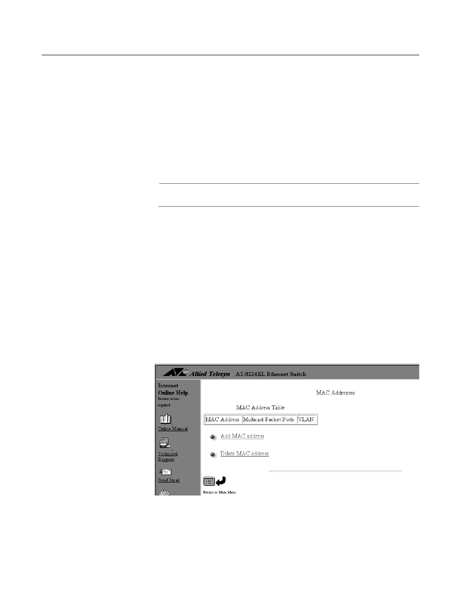 Multicast addresses, Configuring a multicast address, Figure 48: multicast address menu | Allied Telesis AT-S24 User Manual | Page 97 / 164