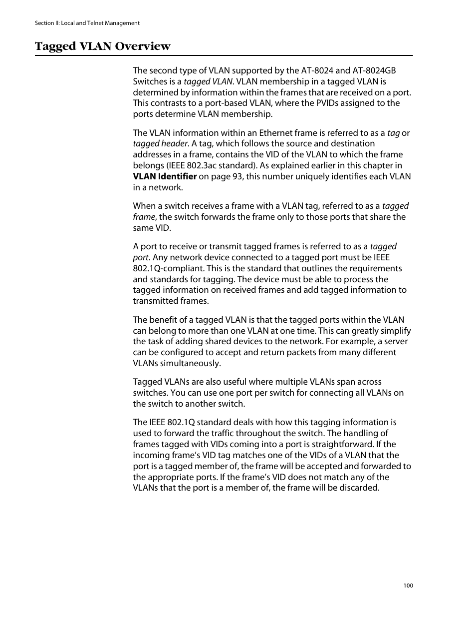 Tagged vlan overview | Allied Telesis AT-S39 User Manual | Page 100 / 242