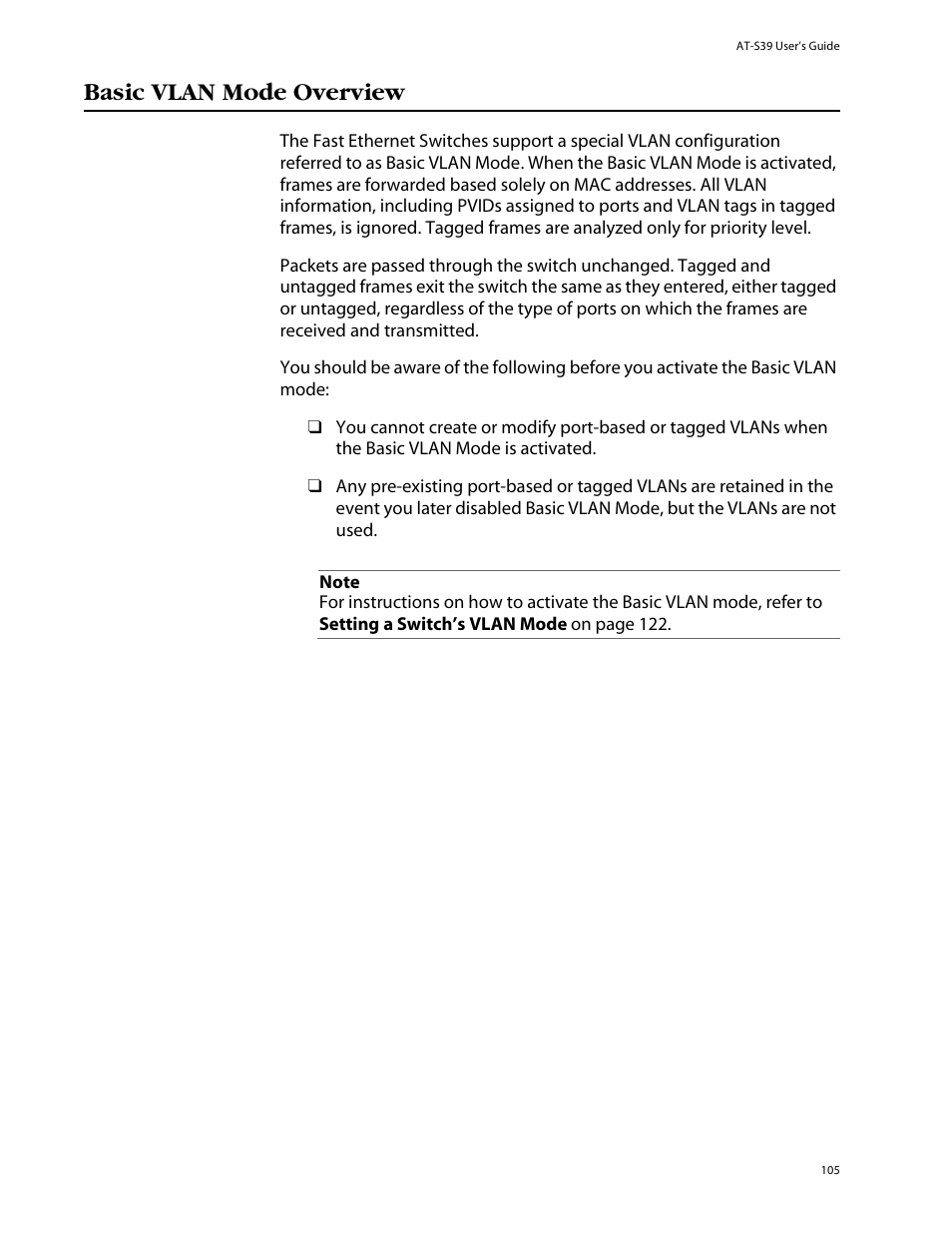 Basic vlan mode overview | Allied Telesis AT-S39 User Manual | Page 105 / 242