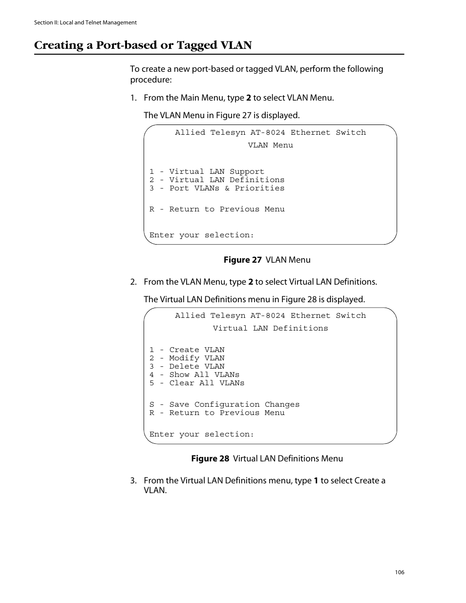 Creating a port-based or tagged vlan | Allied Telesis AT-S39 User Manual | Page 106 / 242