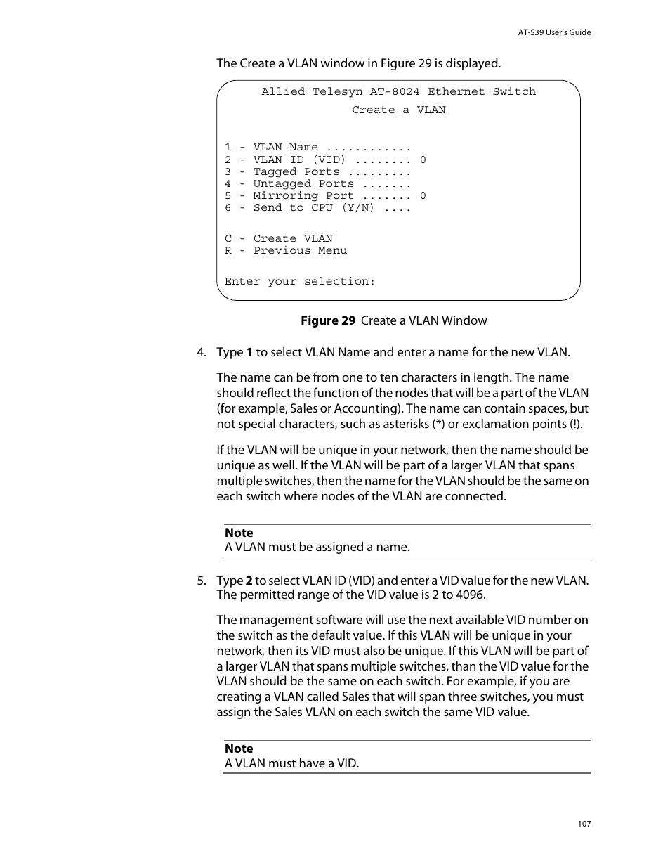 Figure 29: create a vlan window | Allied Telesis AT-S39 User Manual | Page 107 / 242