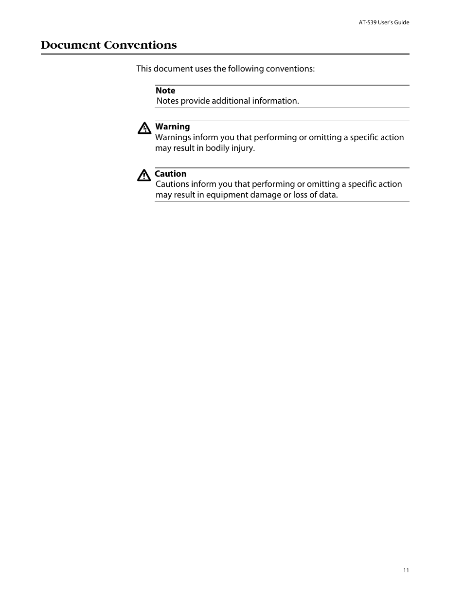 Document conventions | Allied Telesis AT-S39 User Manual | Page 11 / 242