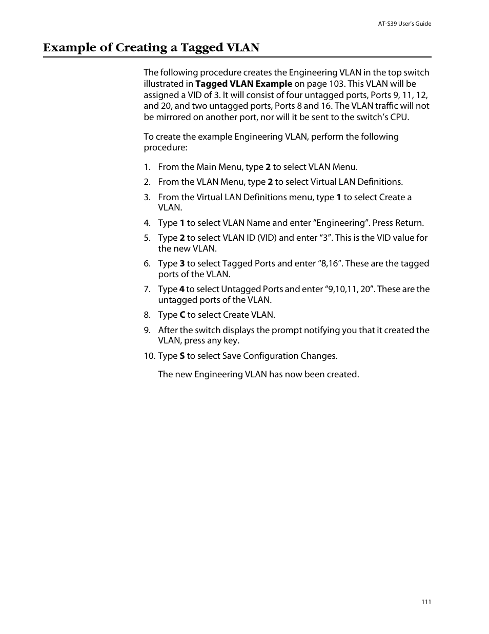Example of creating a tagged vlan | Allied Telesis AT-S39 User Manual | Page 111 / 242