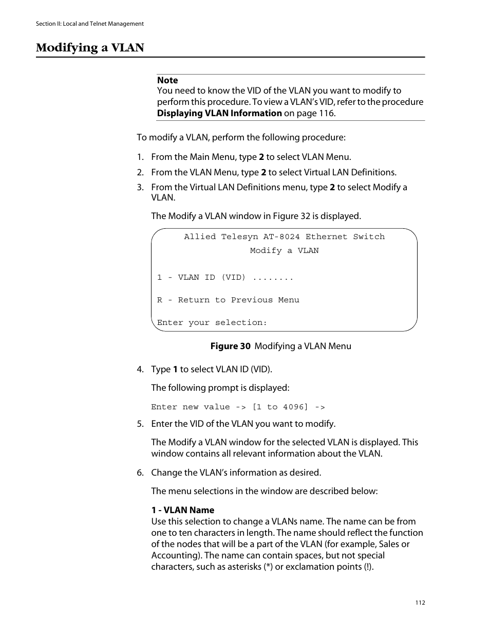 Modifying a vlan, Figure 30: modifying a vlan menu | Allied Telesis AT-S39 User Manual | Page 112 / 242