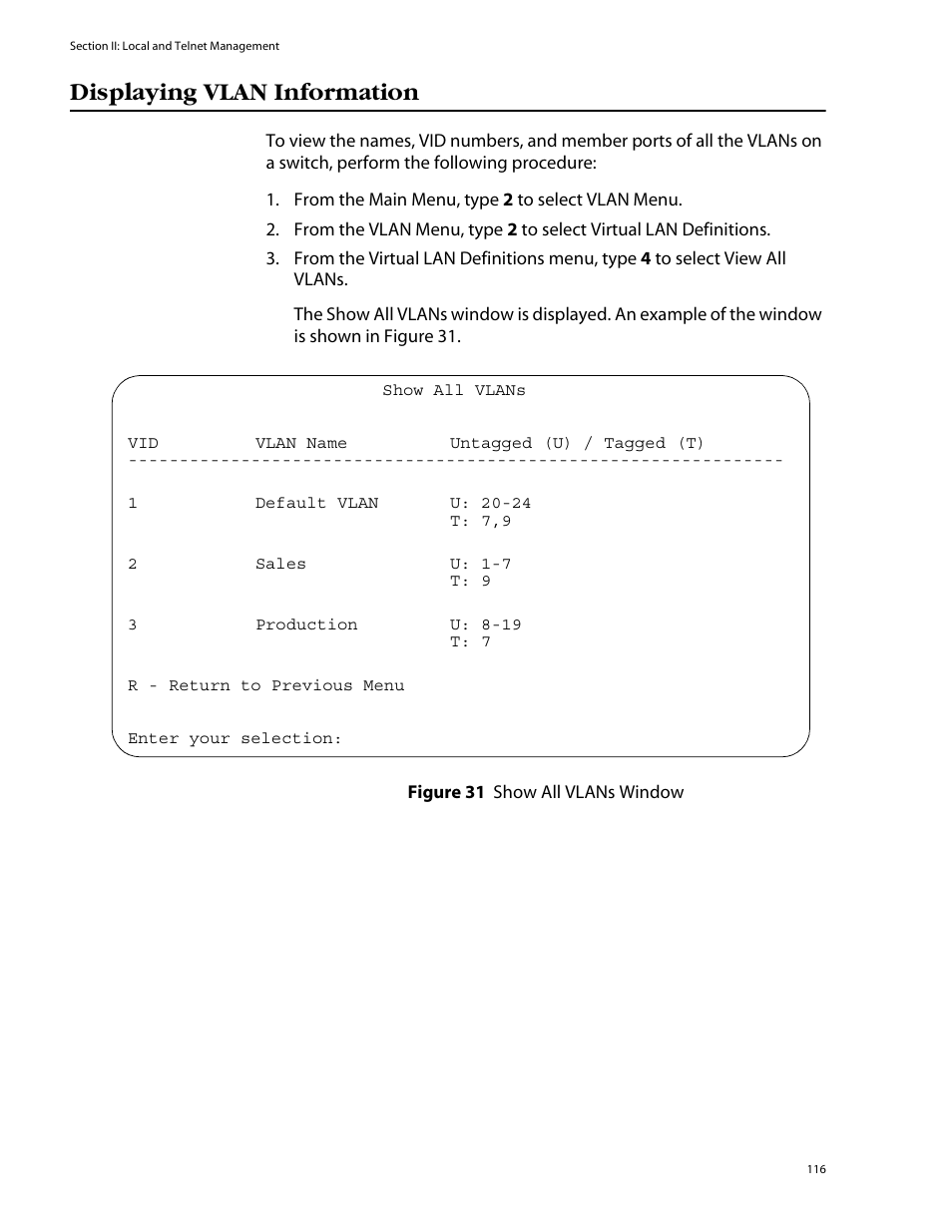 Displaying vlan information, Figure 31: show all vlans window | Allied Telesis AT-S39 User Manual | Page 116 / 242
