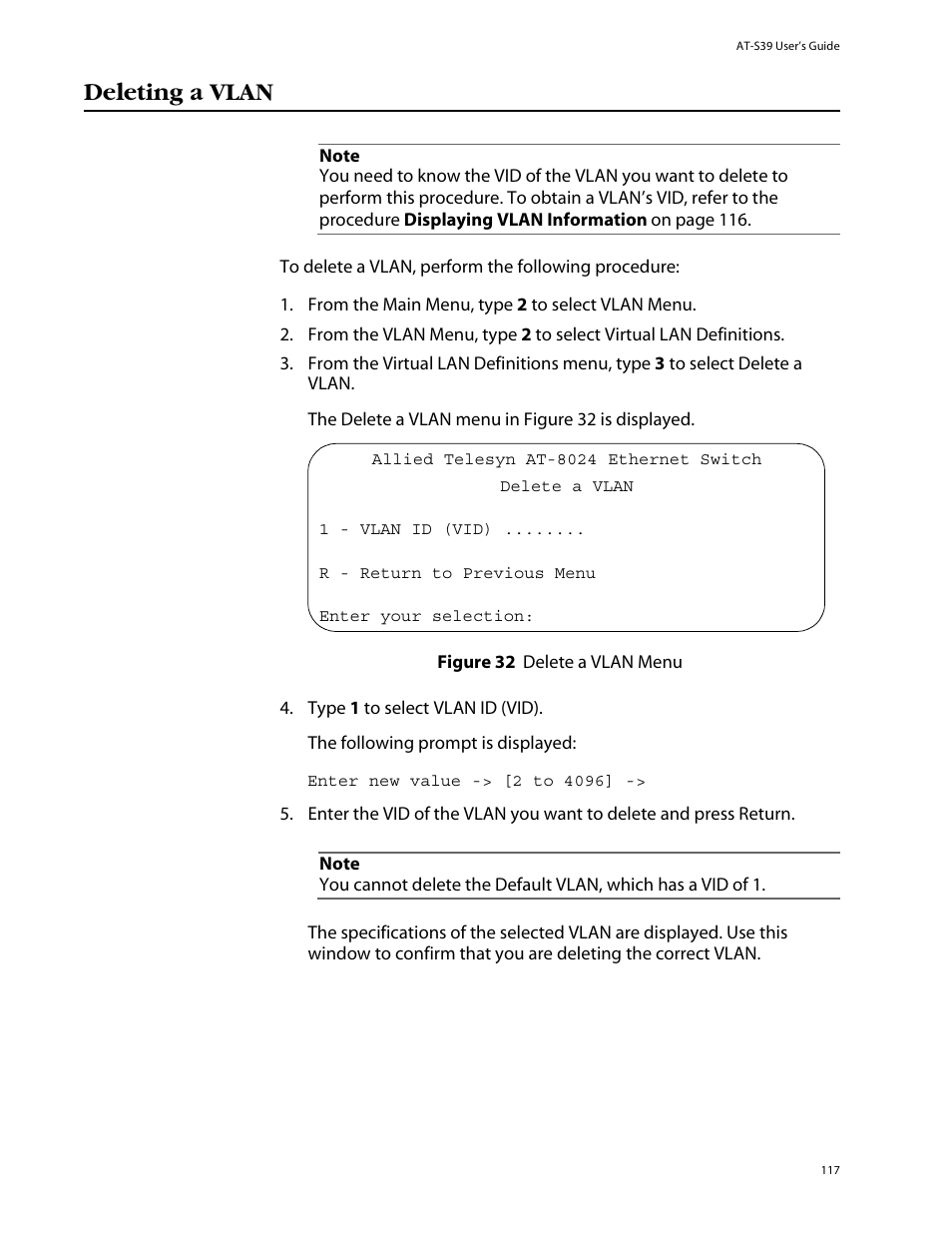 Deleting a vlan, Figure 32: delete a vlan menu | Allied Telesis AT-S39 User Manual | Page 117 / 242