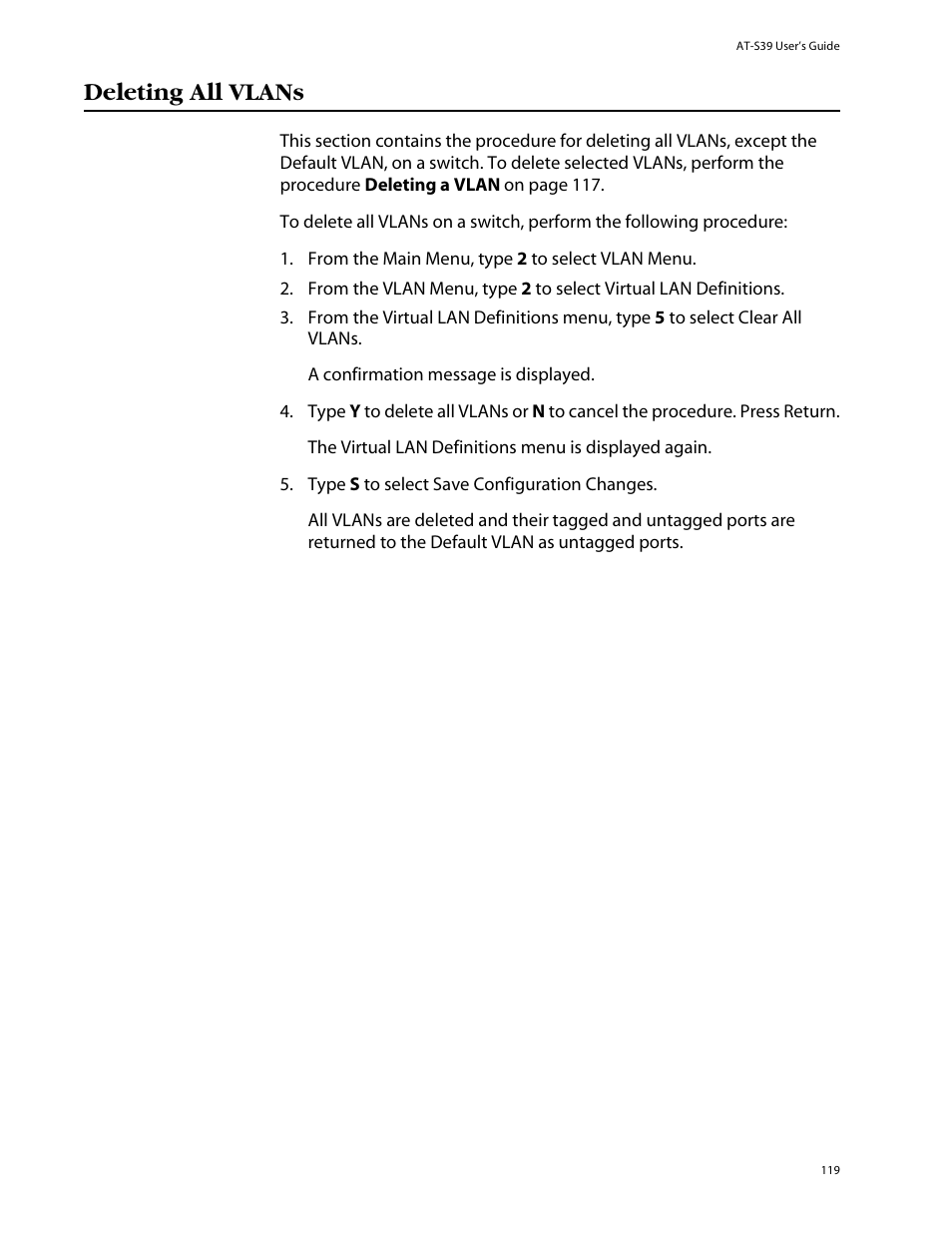 Deleting all vlans | Allied Telesis AT-S39 User Manual | Page 119 / 242