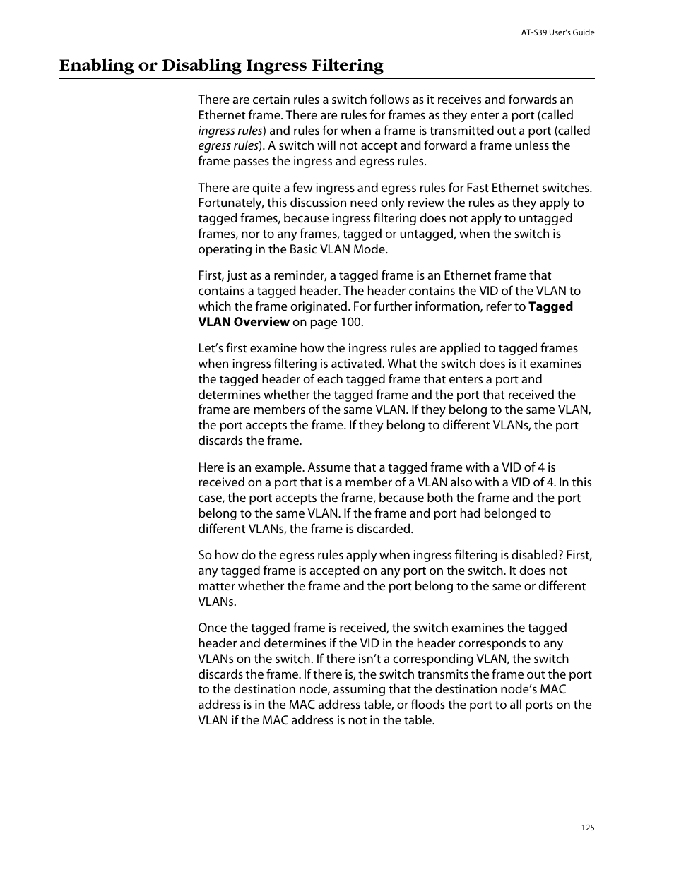 Enabling or disabling ingress filtering | Allied Telesis AT-S39 User Manual | Page 125 / 242