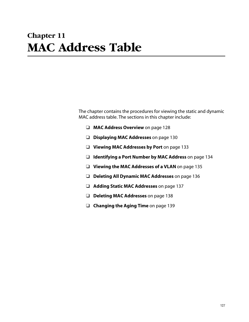 Chapter 11, Mac address table | Allied Telesis AT-S39 User Manual | Page 127 / 242