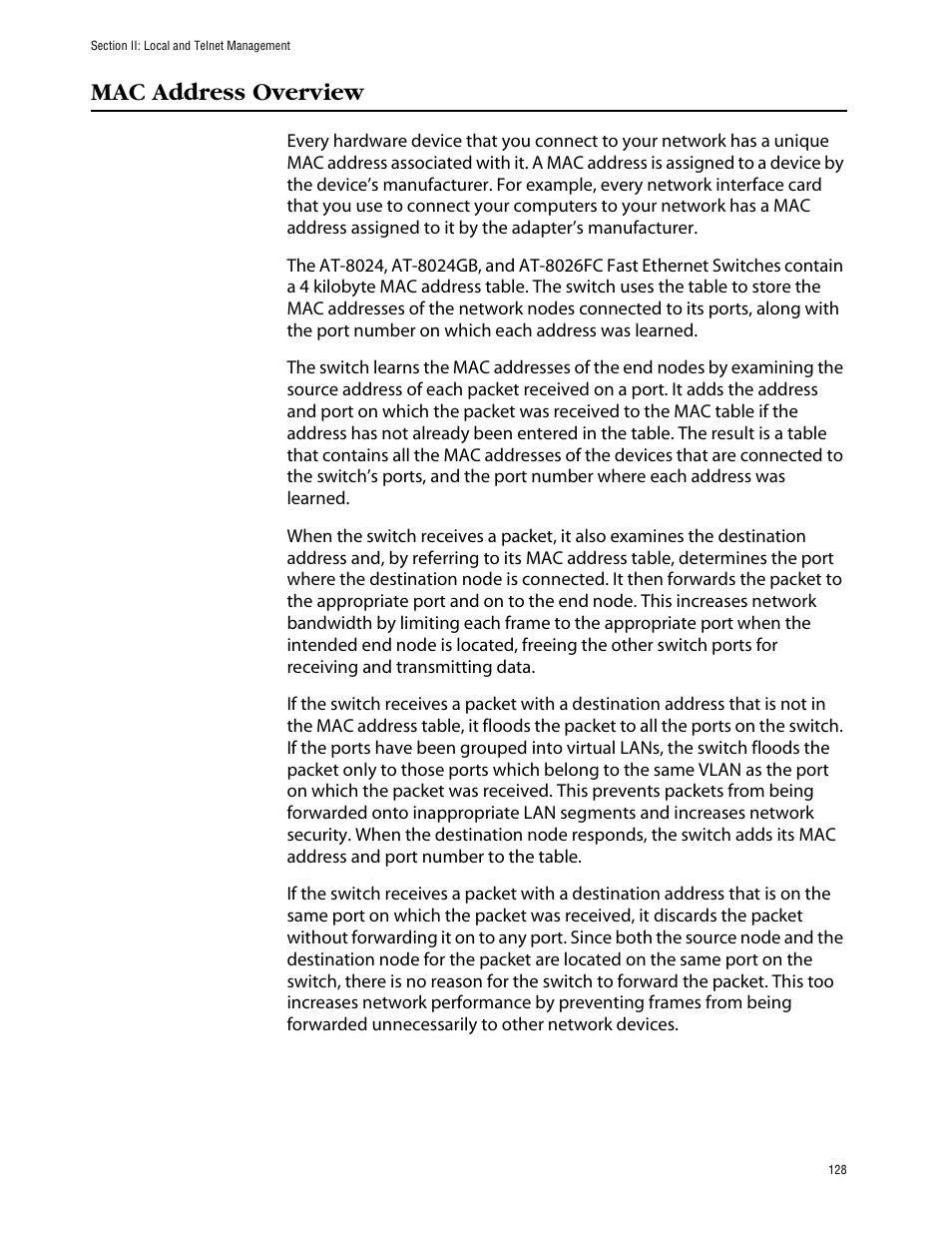 Mac address overview | Allied Telesis AT-S39 User Manual | Page 128 / 242