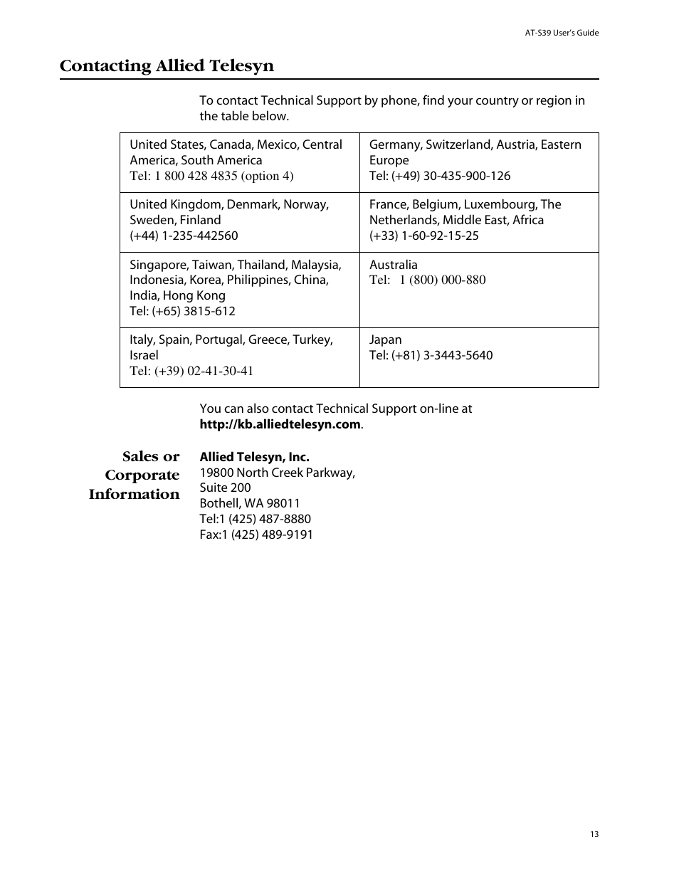 Contacting allied telesyn, Sales or corporate information | Allied Telesis AT-S39 User Manual | Page 13 / 242