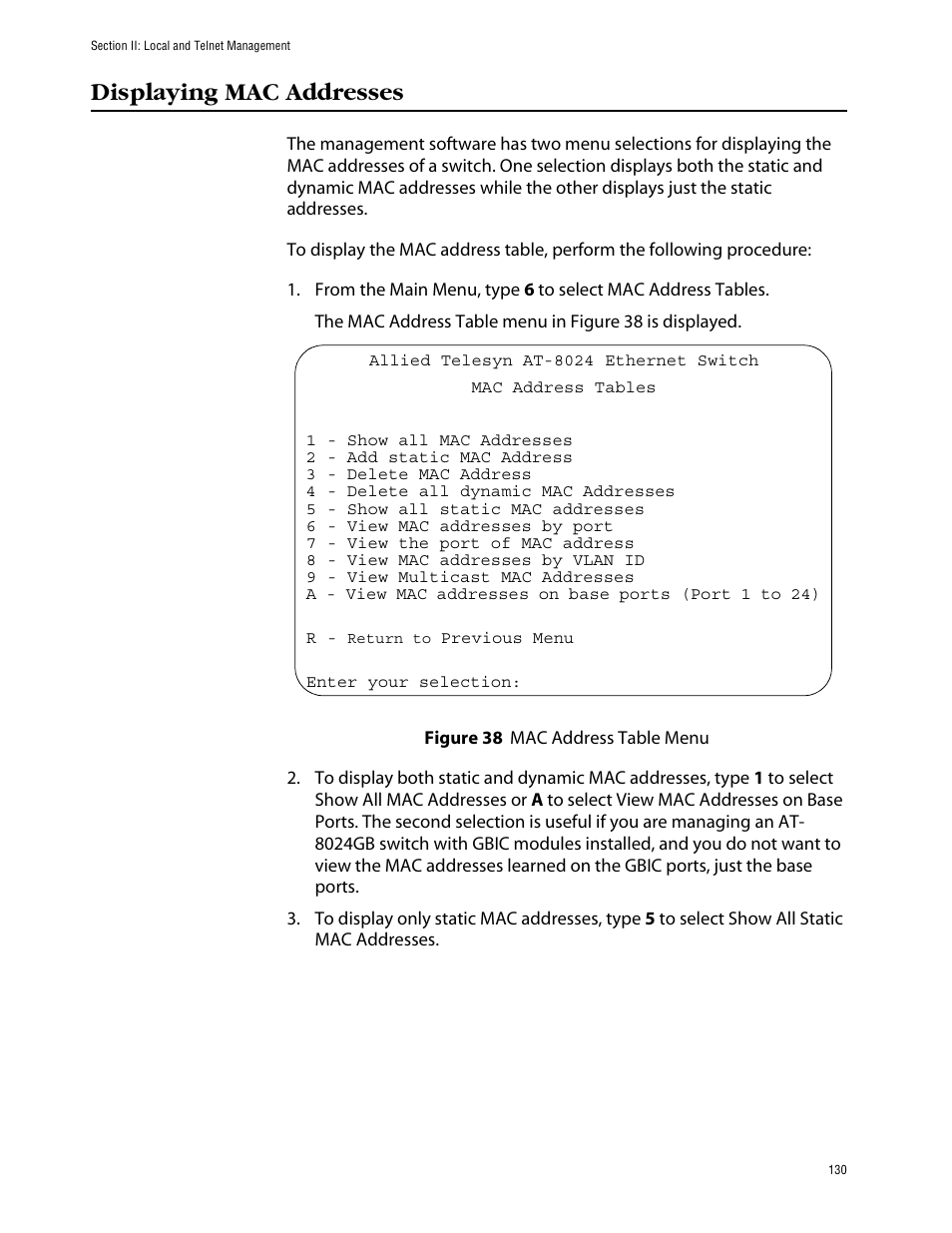 Displaying mac addresses, Figure 38: mac address table menu | Allied Telesis AT-S39 User Manual | Page 130 / 242