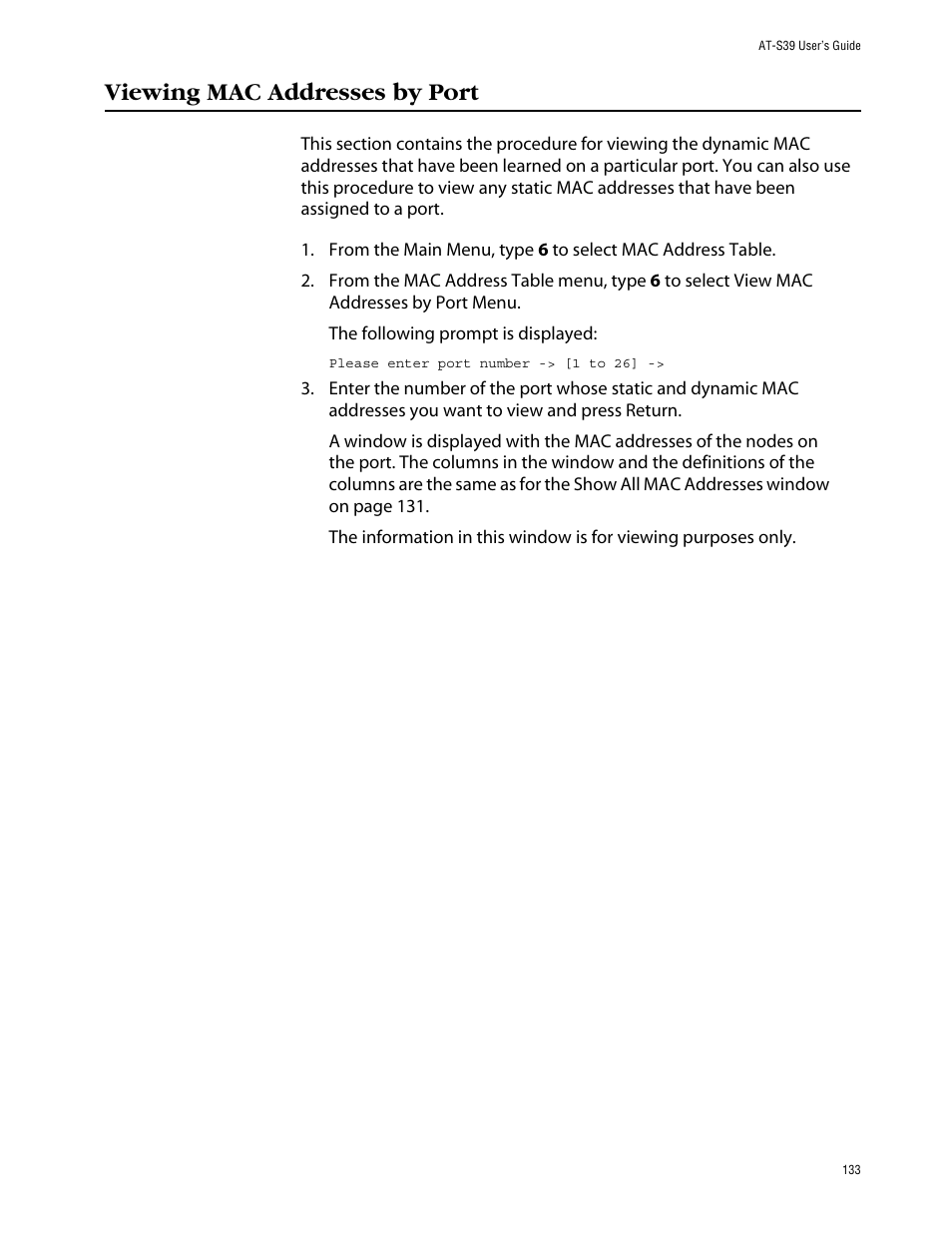 Viewing mac addresses by port | Allied Telesis AT-S39 User Manual | Page 133 / 242