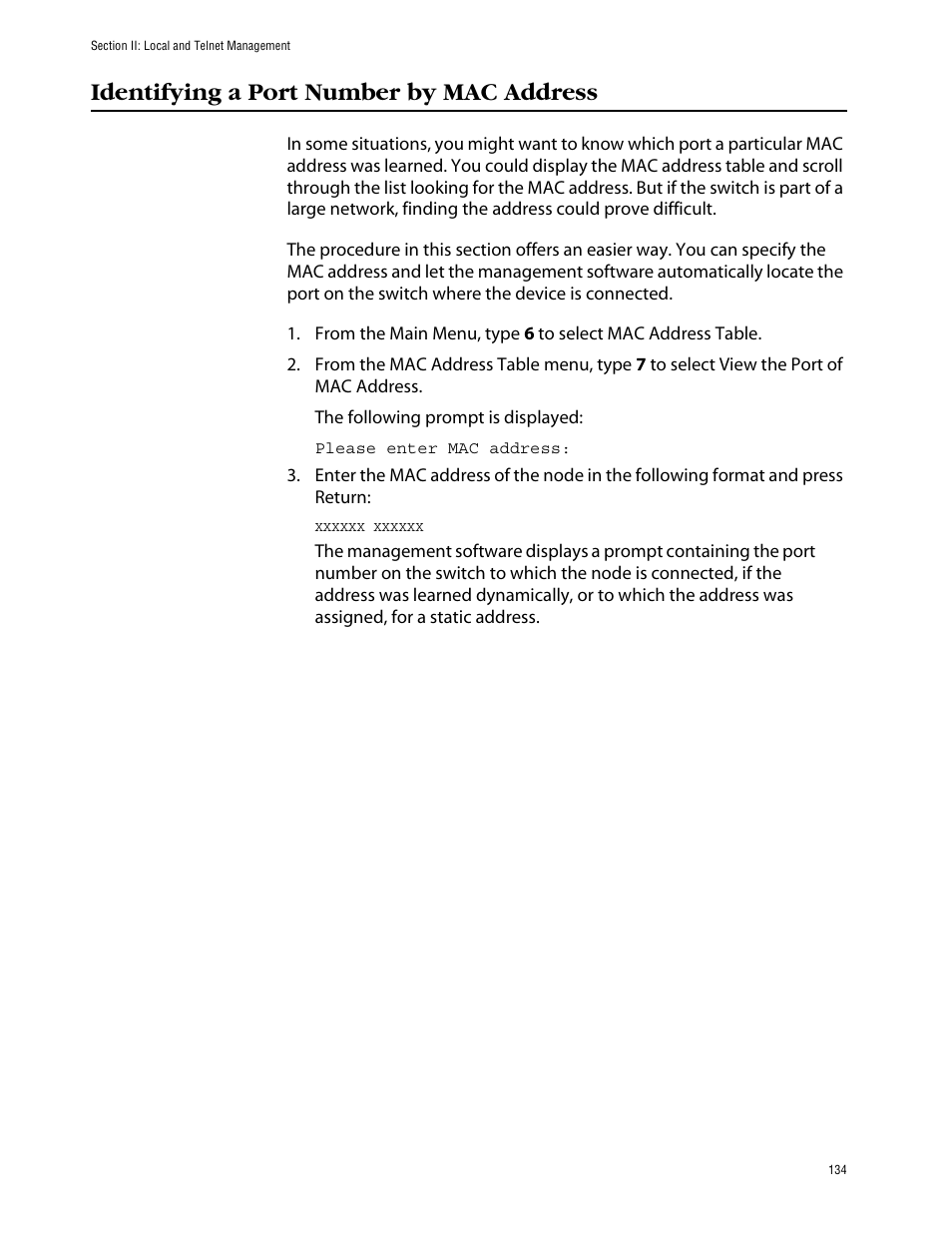 Identifying a port number by mac address | Allied Telesis AT-S39 User Manual | Page 134 / 242