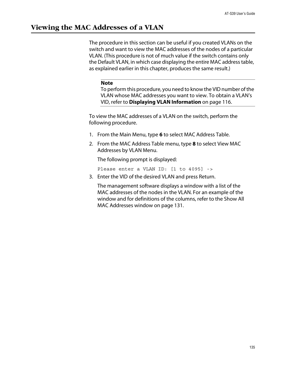 Viewing the mac addresses of a vlan | Allied Telesis AT-S39 User Manual | Page 135 / 242