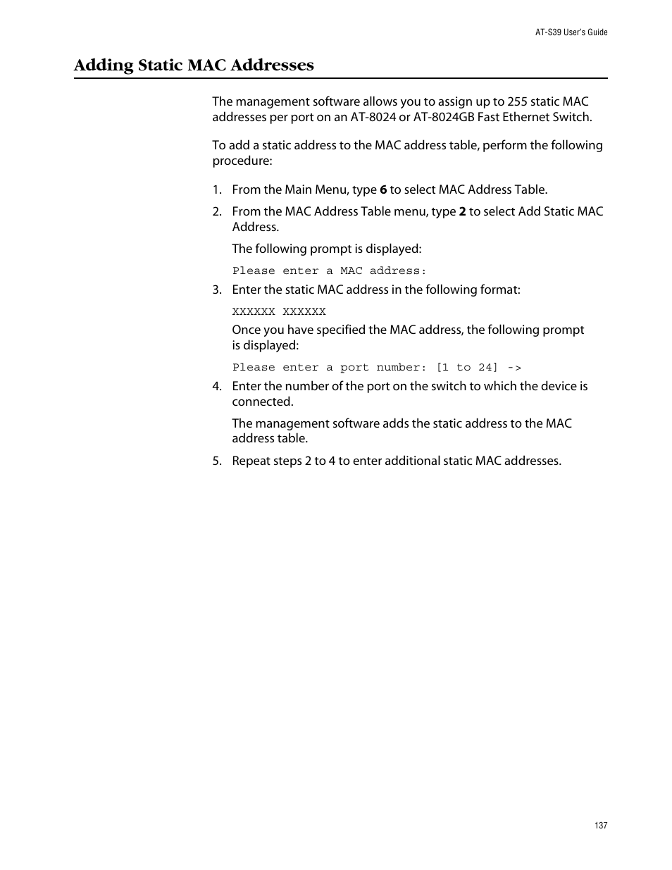 Adding static mac addresses | Allied Telesis AT-S39 User Manual | Page 137 / 242