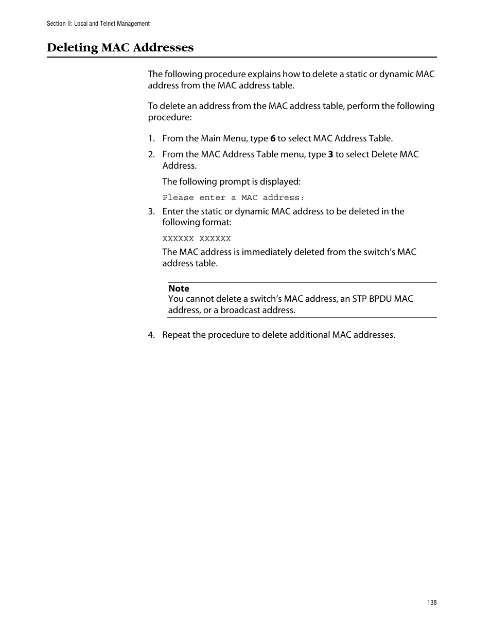 Deleting mac addresses | Allied Telesis AT-S39 User Manual | Page 138 / 242