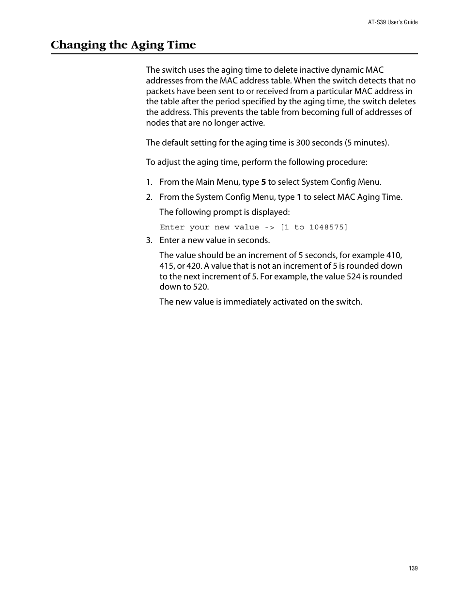 Changing the aging time | Allied Telesis AT-S39 User Manual | Page 139 / 242
