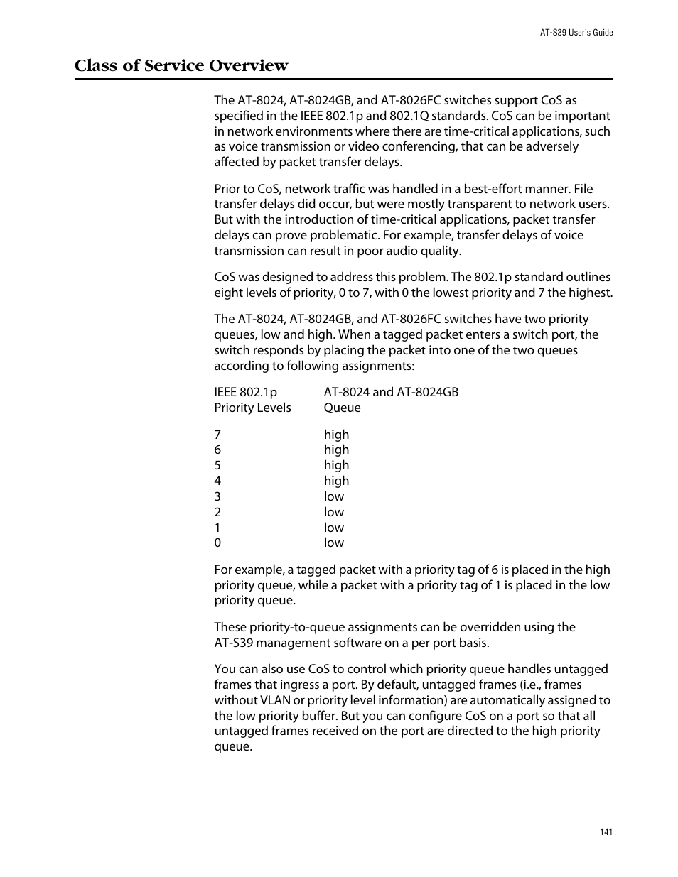 Class of service overview | Allied Telesis AT-S39 User Manual | Page 141 / 242