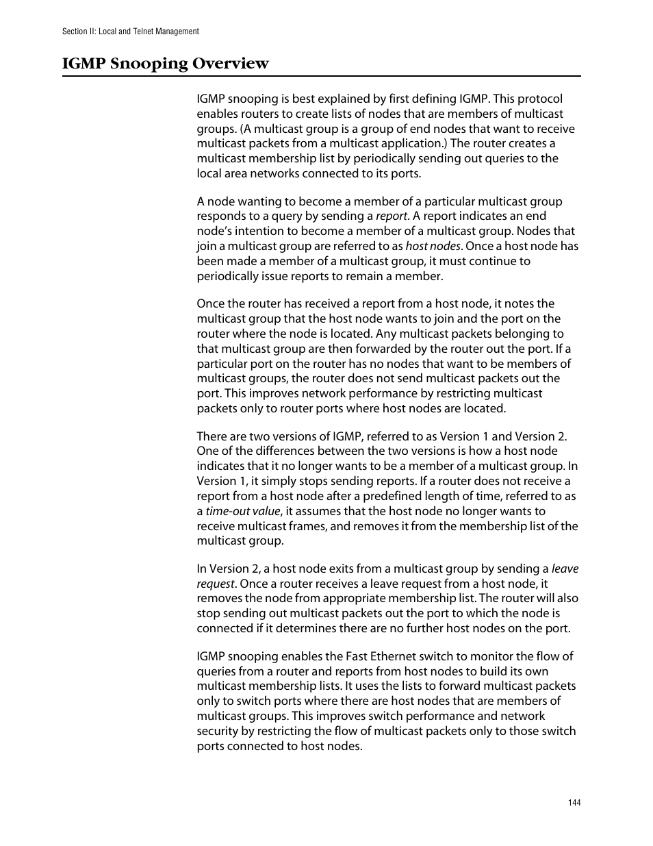Igmp snooping overview | Allied Telesis AT-S39 User Manual | Page 144 / 242
