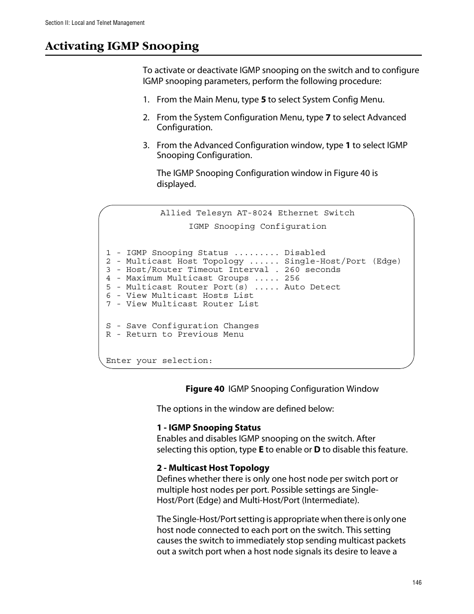 Activating igmp snooping, Figure 40: igmp snooping configuration window | Allied Telesis AT-S39 User Manual | Page 146 / 242